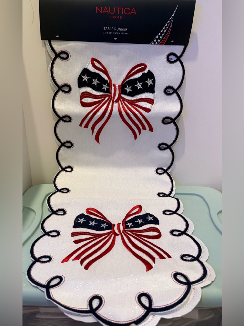 LAST ONE! Gorgeous Nautica Red, White & Blue Bow Table Runner- 14x72 inches- NWT